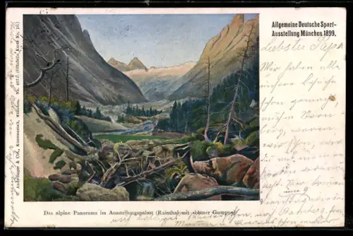 Künstler-AK München, Allg. Deutsche Sport-Ausstellung 1899, Alpines Panorama, Ganzsache Bayern