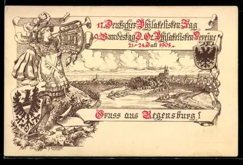 AK Regensburg, 17. Dt. Philatelisten-Tag, 9. Bundestag D.-Ö. Philatelisten-Vereine 1905, Ganzsache Bayern PP10 C2 /02