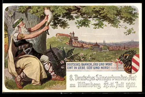 AK Nürnberg, VIII. Deutsches Sängerbundesfest 1912, Wappen, Mann mit Trinkhorn, Ganzsache Bayern