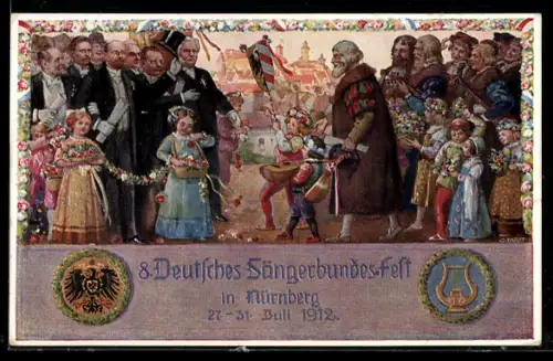 AK Nürnberg, VIII. Deutsches Sängerbundfest 1912, Kinder mit Blumengirlande, Ganzsache Bayern