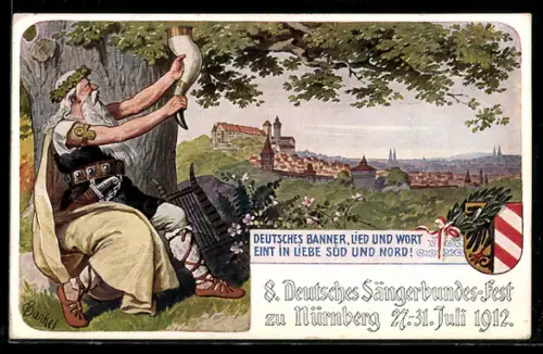 AK Nürnberg, VIII. Deutsches Sängerbundesfest 1912, Wappen, Mann mit Trinkhorn, Ganzsache Bayern