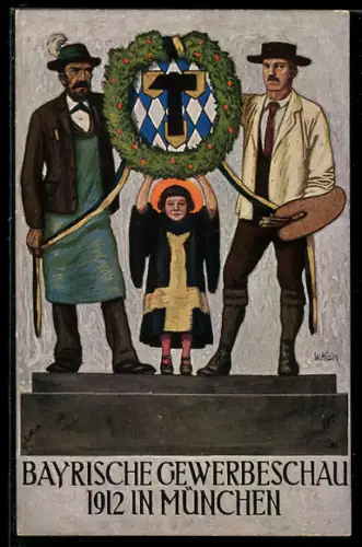 AK München, Bayerische Gewerbeschau 1912, Münchner Kindl, Wappen, Ganzsache Bayern