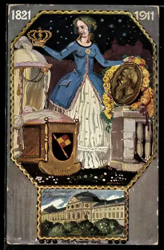 AK Regensburg, 90. Geburtstag des Prinzregent Luitpold 1911, Schloss, Bavaria mit der Königskrone, Ganzsache Bayern