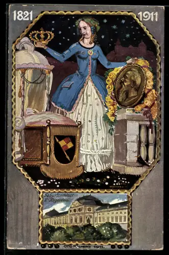 AK Regensburg, 90. Geburtstag des Prinzregent Luitpold 1911, Schloss, Bavaria mit der Königskrone, Ganzsache Bayern