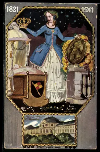 AK Regensburg, 90. Geburtstag des Prinzregent Luitpold 1911, Schloss, Bavaria mit der Königskrone, Ganzsache Bayern