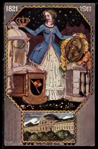 AK Regensburg, 90. Geburtstag des Prinzregent Luitpold 1911, Schloss, Bavaria mit der Königskrone, Ganzsache Bayern