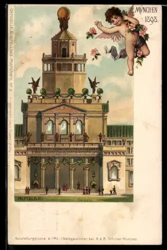 Lithographie München, Kraft-Arbeitsmaschinen-Ausstellung 1898, Mittelbau, Ganzsache Bayern