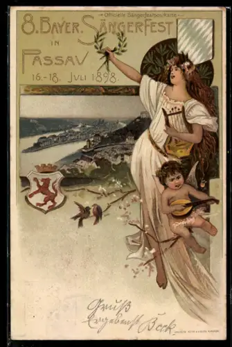 Lithographie Passau, 8. Bayer. Sängerfest 1898, Wappen, Ortsansicht, Engel mit Harfe, Ganzsache Bayern