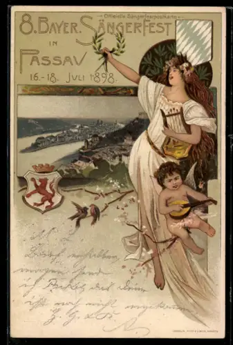Lithographie Passau, 8. Bayer. Sängerfest 1898, Engel am Stadtrand, Wappen, Ganzsache Bayern