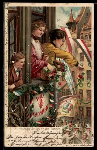 AK Nürnberg, X. Deutsches Turnfest 1903, Zuschauer an den Fenstern begrüssen die Sportler, Ganzsache Bayern