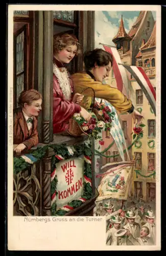 AK Nürnberg, X. Deutsches Turnfest 1903, Zuschauer an den Fenstern begrüssen die Sportler, Ganzsache Bayern