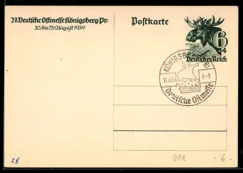 AK Königsberg /Pr., 27. Deutsche Ostmesse 1939, Sonderstempel, Ganzsache