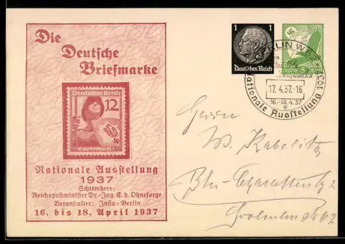 AK Berlin, Nationale Ausstellung Die Deutsche Briefmarke 1937, Briefmarke Luftschutz, Ganzsache