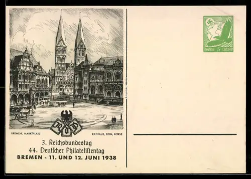 AK Bremen, 44. Deutsche Philatelistentag 1938, 3. Reichsbundestag, Bremer Marktplatz 1938, Ganzsache