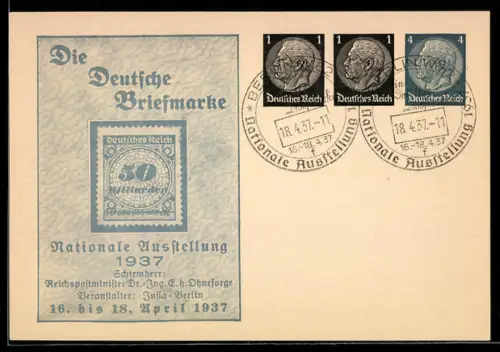 AK Berlin, Nationale Ausstellung Die Deutsche Briefmarke 1937, Briefmarke Deutsches Reich 50 Milliarden, Ganzsache