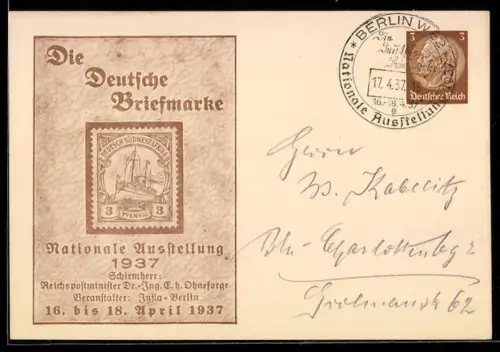 AK Berlin, Nationale Ausstellung Die Deutsche Briefmarke 1937, Briefmarke Deutsch Südwest-Afrika 3 Pf., Ganzsache
