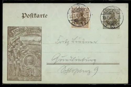 AK Leipzig, Portrait König Fr. Ang. von Sachsen, Soldat mit Banner, Jubiläumsfeier der Universität, Ganzsache