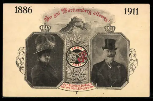 AK Hie gut Württemberg alleweg!, 1886 - 1911, Silberne Hochzeit des württ. Königspaares, Ganzsache