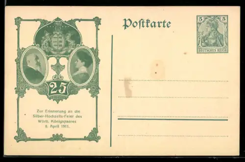 AK Göppingen, Erinnerung an die Silber-Hochzeit des Württ. Königspaares 1911, Ganzsache
