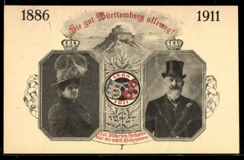AK Hie gut Württemberg alleweg!, 1886 - 1911, Silberne Hochzeit des württ. Königspaares, Ganzsache
