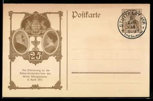 AK König von Württemberg und seine Frau, zur Erinnerung an die Silberhochzeit 1911, Wappen, Ganzsache