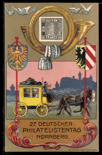 AK Nürnberg, 27. Deutscher Philatelisten-Tag 1921, Postkutsche, Blashorn & Wappen, Ganzsache