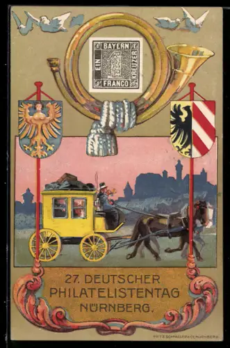 AK Nürnberg, 27. Deutscher Philatelisten-Tag 1921, Postkutsche, Blashorn & Wappen, Ganzsache