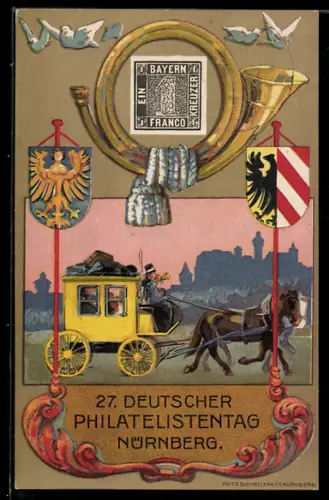 AK Nürnberg, 27. Deutscher Philatelisten-Tag 1921, Postkutsche, Blashorn & Wappen, Ganzsache