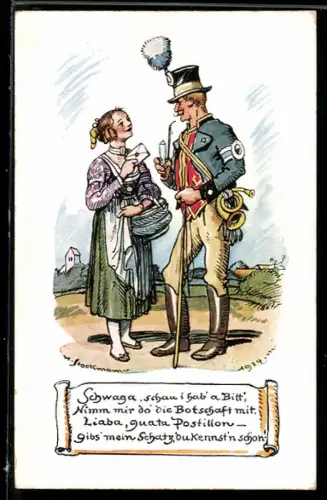 Künstler-AK Junge Frau gibt einen Brief beim Postillon auf, Ganzsache