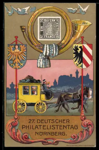 AK Nürnberg, 27. Deutscher Philatelisten-Tag 1921, Postkutsche, Blashorn & Wappen, Ganzsache