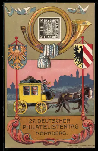 AK Nürnberg, 27. Deutscher Philatelisten-Tag 1921, Postkutsche, Blashorn & Wappen, Ganzsache