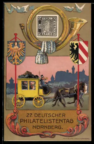 AK Nürnberg, 27. Deutscher Philatelisten-Tag 1921, Postkutsche, Blashorn & Wappen, Ganzsache
