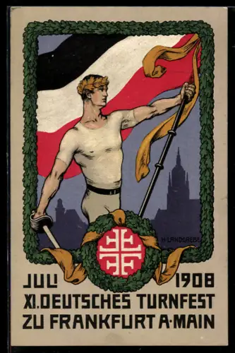 Künstler-AK Frankfurt a. Main, XI. Deutsches Turnfest 1908, Sportler mit Fahne & Schwert, Ganzsache