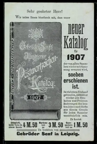 AK Gebrüder Senf`s Illustrierter Postwertzeichen-Katalog 1907, Ganzsache
