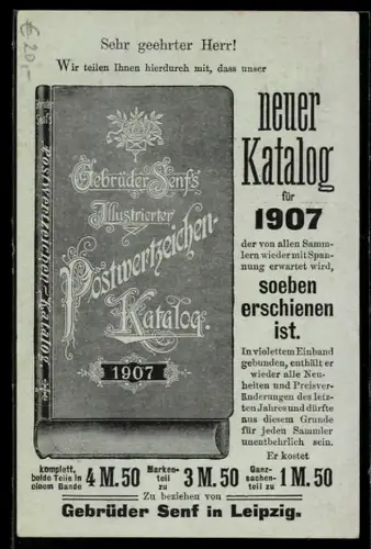 AK Gebrüder Senf`s Illustrierter Postwertzeichen-Katalog 1907, Ganzsache