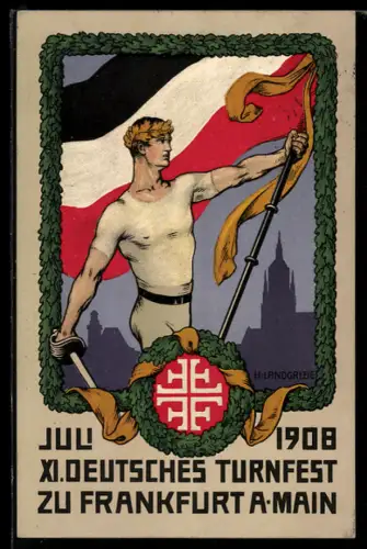 Künstler-AK Frankfurt a. Main, XI. Deutsches Turnfest 1908, Sportler mit Fahne & Schwert, Ganzsache