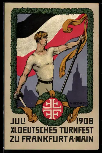 Künstler-AK Frankfurt a. Main, XI. Deutsches Turnfest 1908, Sportler mit Fahne & Schwert, Ganzsache