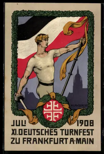 Künstler-AK Frankfurt a. Main, XI. Deutsches Turnfest 1908, Sportler mit Fahne & Schwert, Ganzsache