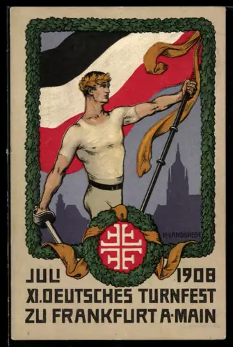 Künstler-AK Frankfurt a. Main, XI. Deutsches Turnfest 1908, Sportler mit Fahne & Schwert, Ganzsache