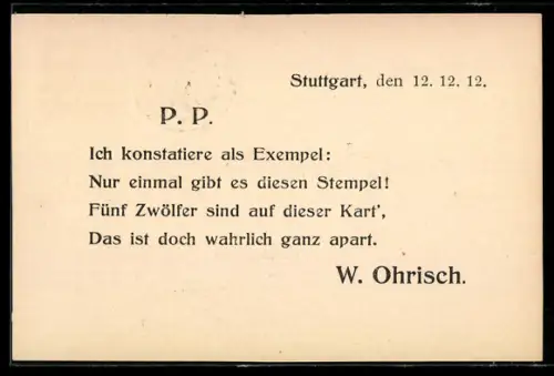 AK Stuttgart, Stempel 12. 12. 12, Ganzsache