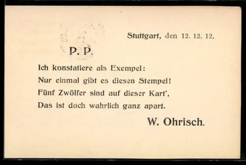 AK Stuttgart, Stempel 12. 12. 12, Ganzsache