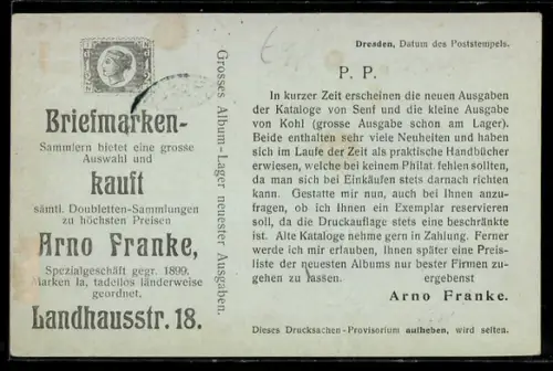 AK Dresden, Arno Franke, Geschäft für Briefmarkensammler, Landhausstrasse 18, Ganzsache
