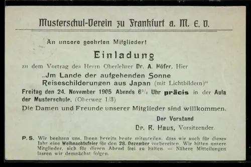 AK Frankfurt a. M., Einladung zum Vortrag von Dr. A. Hofer, Im Lande der aufgehenden Sonne, Ganzsache
