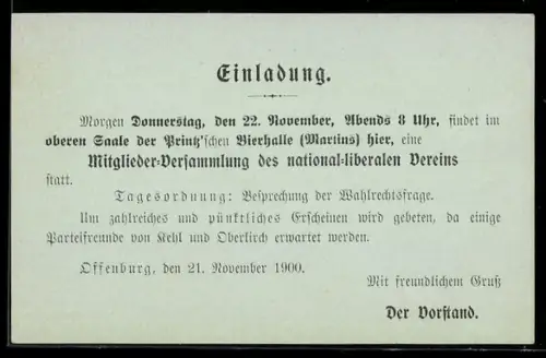 AK Offenburg, Einladung zur Mitglieder-Versammlung des national-liberalen Vereins im Jahr 1900, Ganzsache