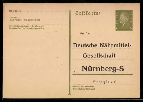 AK Nürnberg, Korrespondenzkarte Deutsche Nährmittel-Gesellschaft, Ganzsache