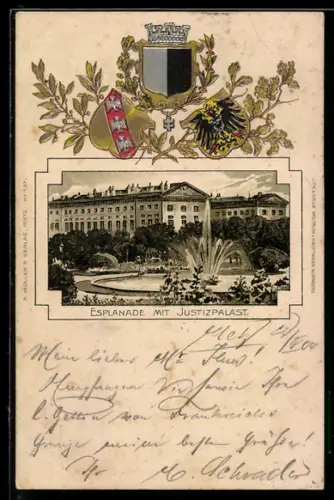 Passepartout-Lithographie Metz, Esplanade mit Justizpalast, Wappen