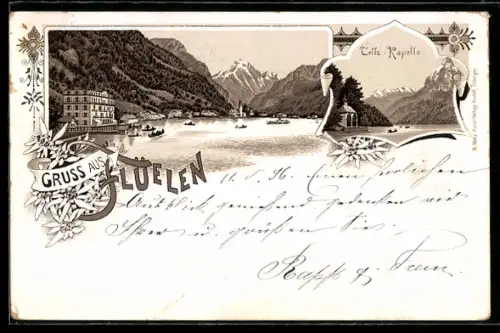 Lithographie Fluelen, Tells-Kapelle, Seepartie