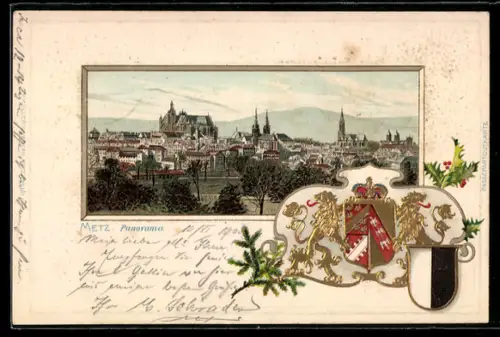 Passepartout-Lithographie Metz, Panorama, Wappen