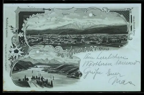 Mondschein-Lithographie Klagenfurt, Panorama und Wörthersee aus der Vogelschau