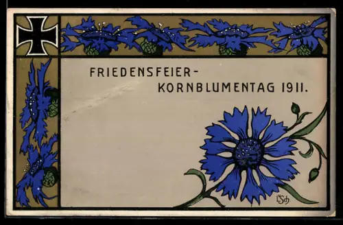 AK Frankfurt a. Main, Friedensfeier-Kornblumentag 1911, Eisernes Kreuz, Kornblumen